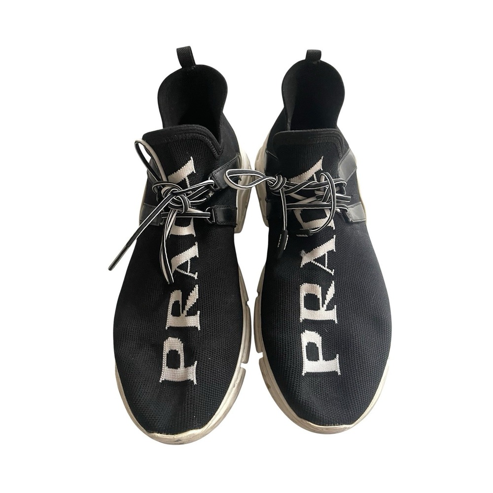 Women's Prada Sock Knit Slip On Sock Sneakers Black White Logo Sz 9